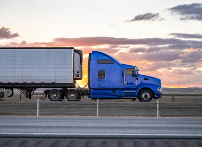 Industrial Long hauler big rig blue semi truck tractor with extended cab