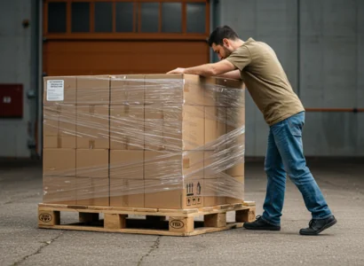 man with hands on a pallet of boxes